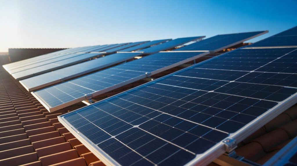 A row of rooftop solar panels reflecting sunlight, used to explain What is the Function of the Solar Panels? and how they generate electricity