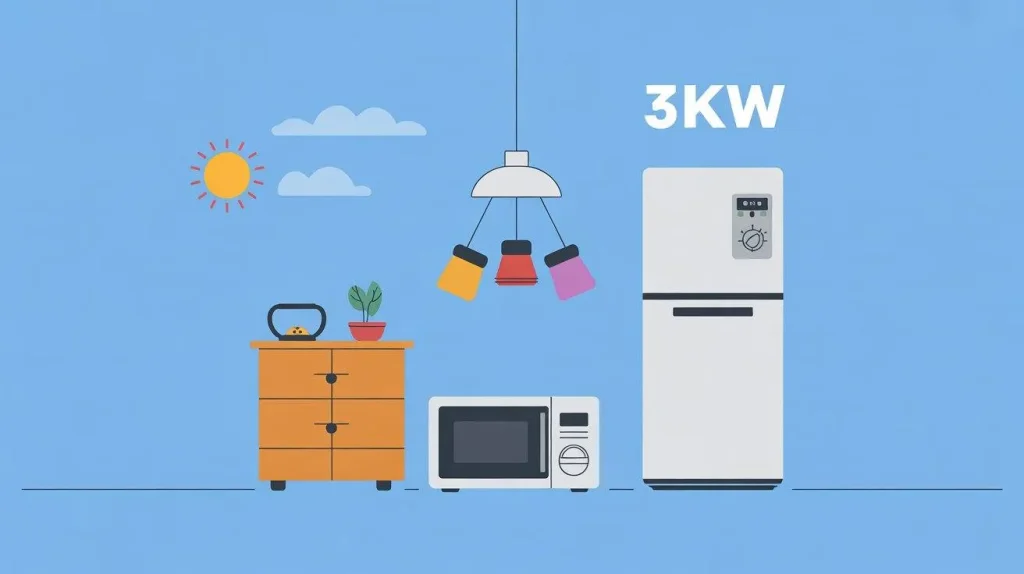 Home appliance illustration demonstrating How Many Appliances Can Run on 3kW including fridge, microwave, and lights.