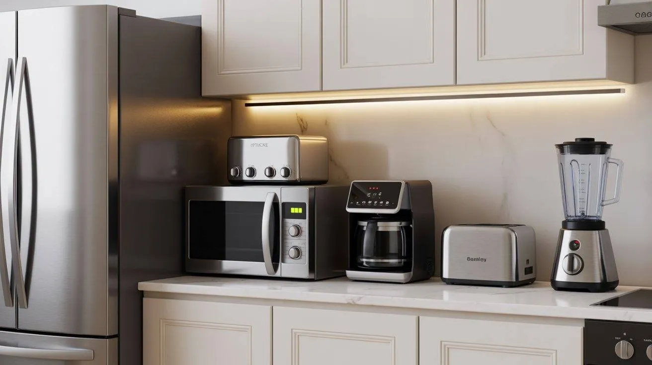 Kitchen appliances setup showing how many appliances can run on 3kW simultaneously.