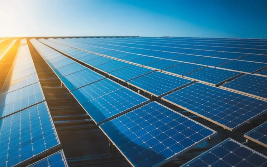 Rows of blue crystalline solar panels producing electricity, helping explain How Much Energy Can a Solar Panel Generate.