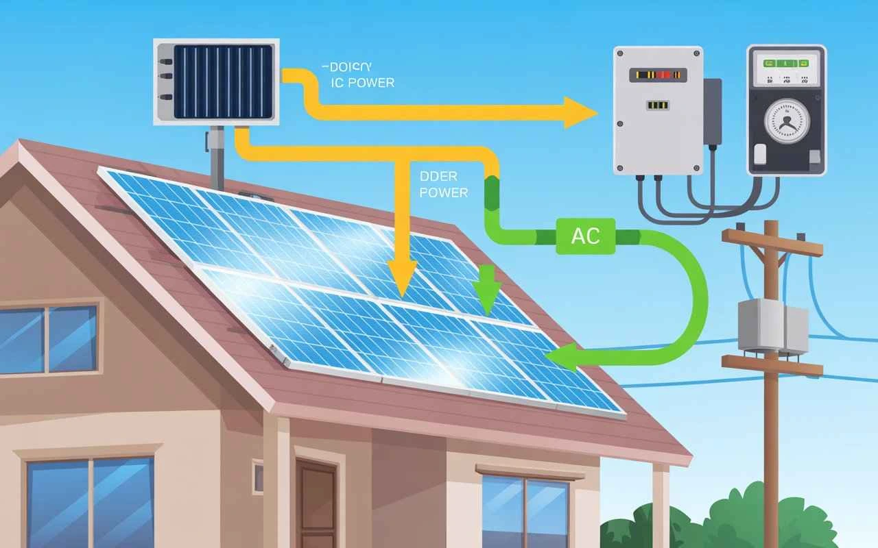 Diagram showing the working process of an on-grid solar system connected to the main utility grid.