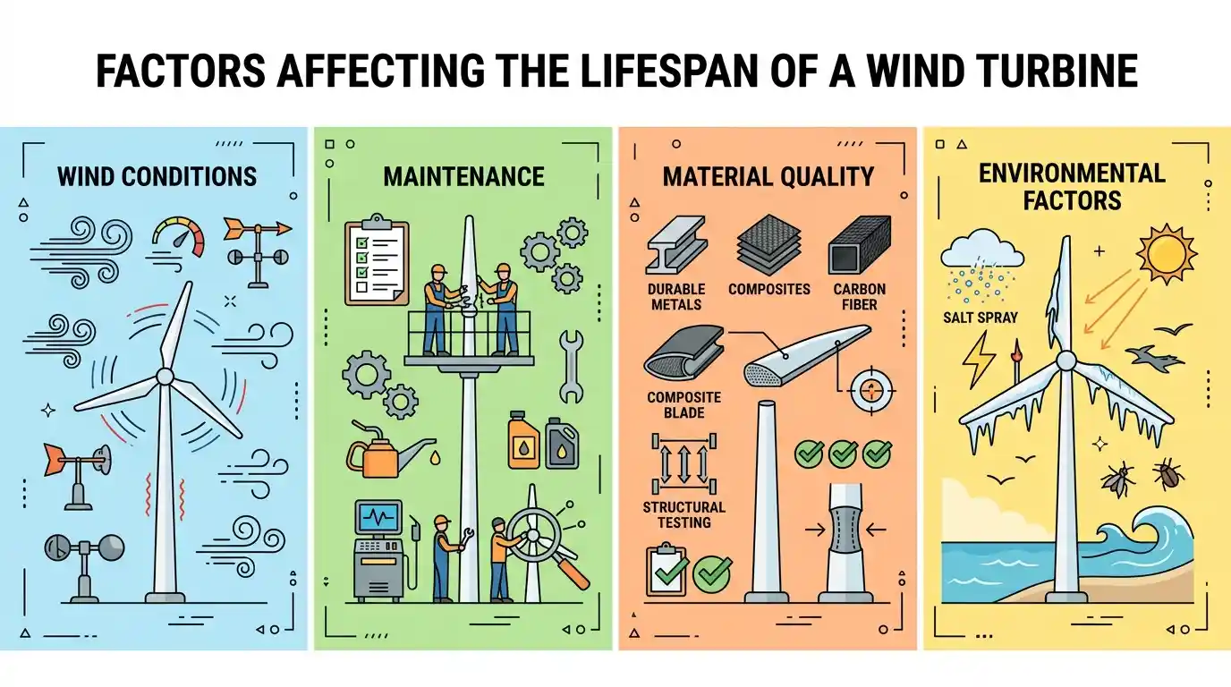 An educational infographic split into four vertical panels detailing factors affecting wind turbine lifespan: Wind Conditions, Maintenance, Material Quality, and Environmental Factors.