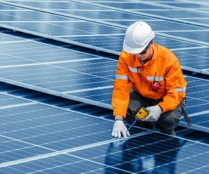 A solar expert inspects and adjusts rooftop panels for improved performance and long-term reliability.