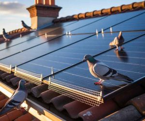 Pigeons perched on rooftop solar panels with protective barriers installed.
