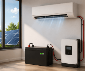 Modern wall-mounted air conditioner running on a lithium battery backup system with solar panels in a residential home.