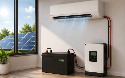 Modern wall-mounted air conditioner running on a lithium battery backup system with solar panels in a residential home.