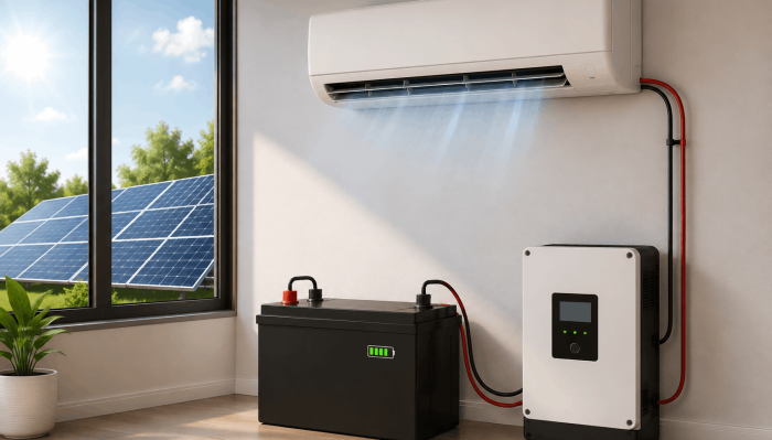 Modern wall-mounted air conditioner running on a lithium battery backup system with solar panels in a residential home.