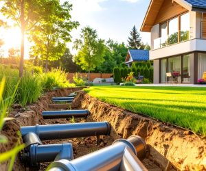 Geothermal heat pump installation system outside a residential home