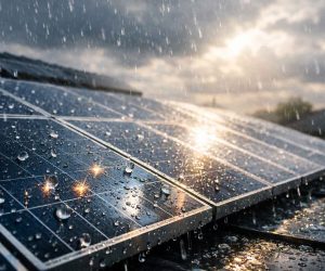 Rainwater naturally cleaning solar panels on a residential rooftop to improve solar energy efficiency