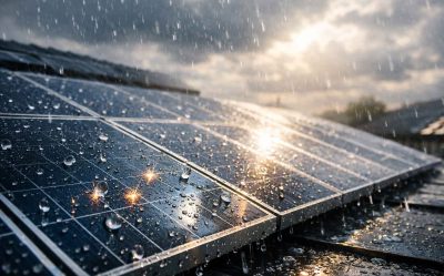 Rainwater naturally cleaning solar panels on a residential rooftop to improve solar energy efficiency