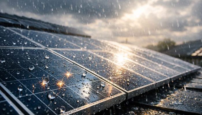 Rainwater naturally cleaning solar panels on a residential rooftop to improve solar energy efficiency