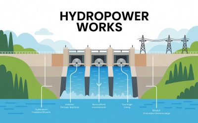 Step by step process showing how hydroelectric power works from water intake to electricity output