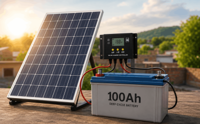 How long does it take to charge a 100Ah battery with a solar panel setup including a charge controller and battery system