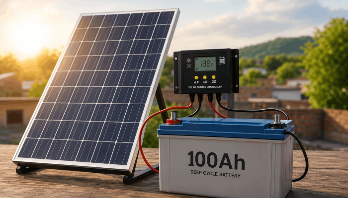 How long does it take to charge a 100Ah battery with a solar panel setup including a charge controller and battery system