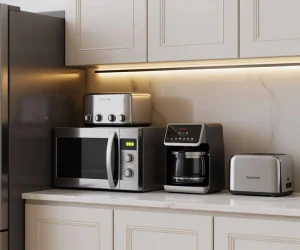 Kitchen appliances setup showing how many appliances can run on 3kW simultaneously.