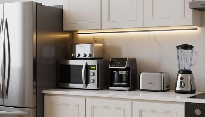 Kitchen appliances setup showing how many appliances can run on 3kW simultaneously.