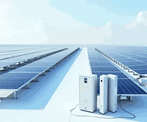 Industrial solar panels generating clean energy on a large rooftop installation.