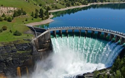 Hydropower renewable or nonrenewable energy concept with dam and turbines