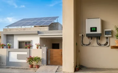 Modern Pakistani residential house featuring a rooftop solar panel array under a clear blue sky, with a wall-mounted hybrid solar inverter in a neat utility area in the foreground.