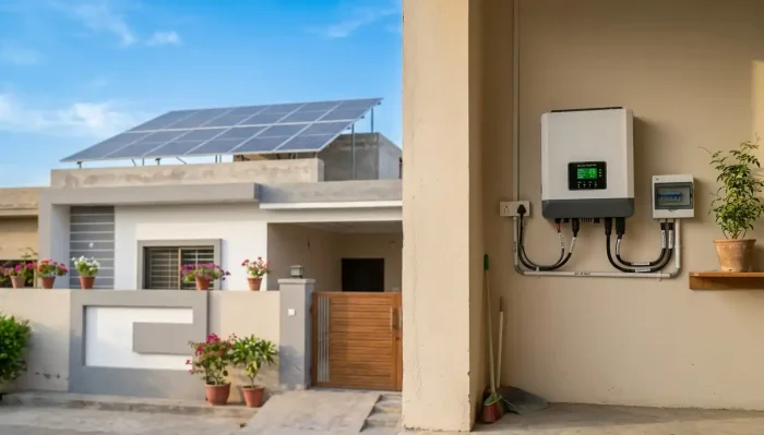 Modern Pakistani residential house featuring a rooftop solar panel array under a clear blue sky, with a wall-mounted hybrid solar inverter in a neat utility area in the foreground.