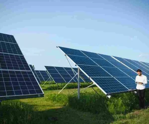 A technician reviewing performance data at a modern solar power plant.