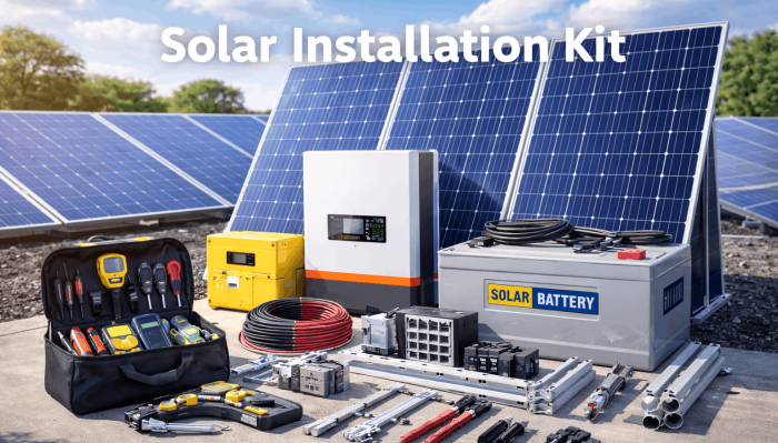 Solar installation kit components including panels, inverter, mounting structure, wiring, and installer tools arranged for rooftop setup