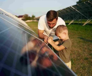 Family inspecting solar panels to understand the benefits of solar power.