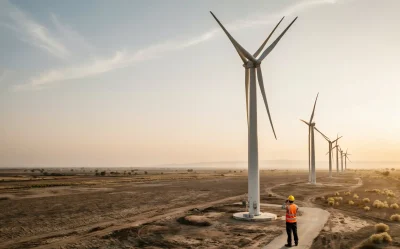 A wind turbine technician wearing a high-visibility vest and hard hat stands on a dirt path in an arid landscape, inspecting a row of tall white wind turbines during sunset.