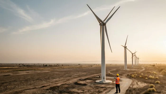 A wind turbine technician wearing a high-visibility vest and hard hat stands on a dirt path in an arid landscape, inspecting a row of tall white wind turbines during sunset.