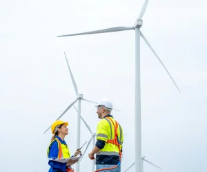 Engineers inspecting and coordinating work at a wind farm during turbine installation.